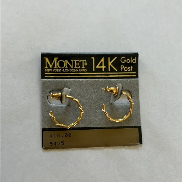 Vtg Monet 14K Gold Hoop Earrings Set - Picture 2 of 5